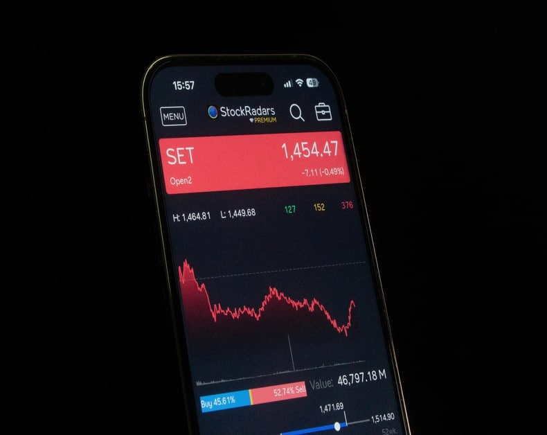 Smartphone screen displaying a stock trading app with a red header showing SET 1,454.47 and a fluctuating line chart.