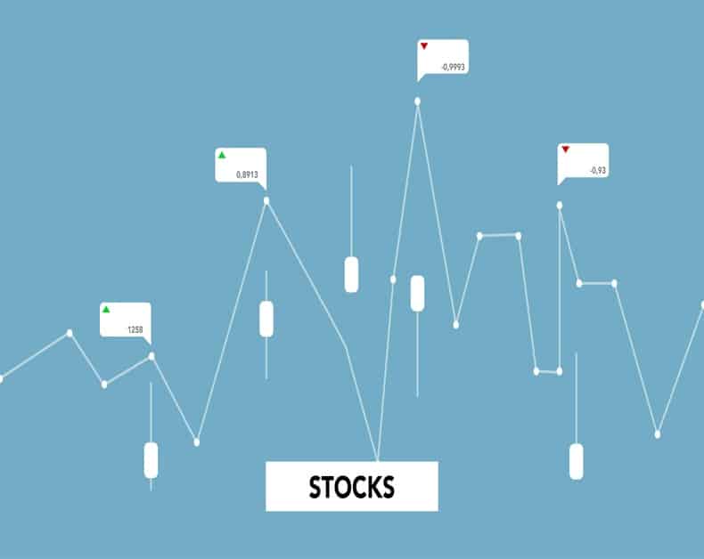 Stylized stock chart on a blue background showing a fluctuating white line with price callouts and a central 'STOCKS' label.