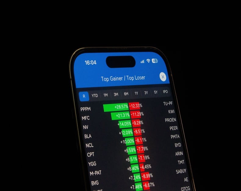 Smartphone screen showing a stock market app with Top Gainer / Top Loser and green/red percentage changes on a dark background