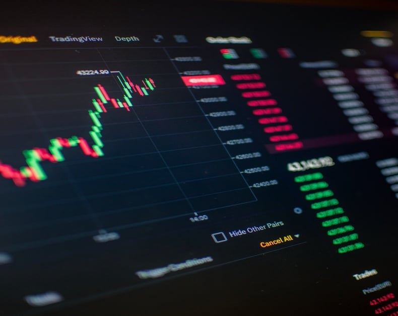 Trading screen showing a candlestick chart with green and red bars and a price axis on a dark UI