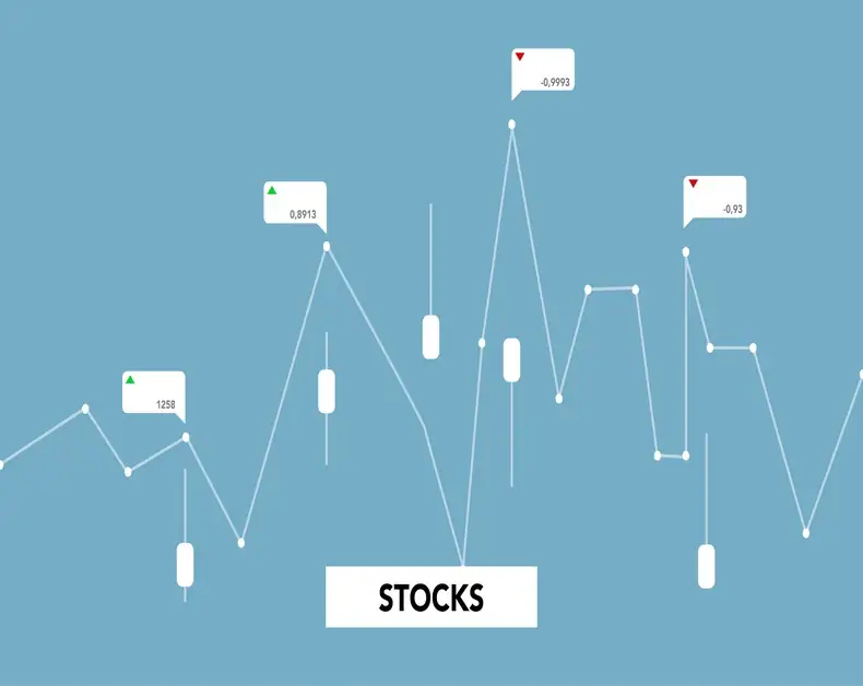 Informational stock market infographic: a jagged line chart with candlesticks on a blue background and a 'STOCKS' label at the bottom underlines fluctuations in prices.